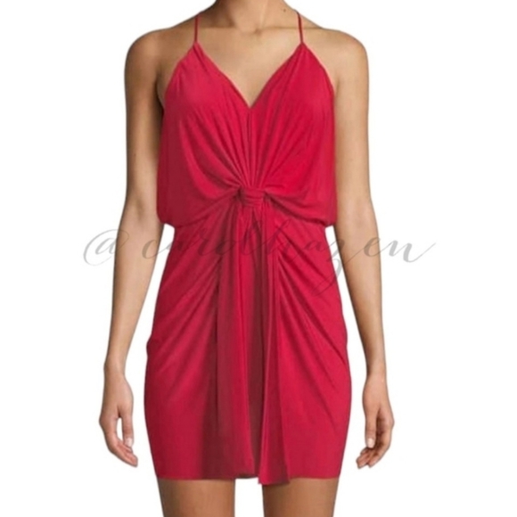 NEW Misa Los Angeles Domino Mini Dress Twisted Knot V Neckline All-Red Luxury - Picture 2 of 15
